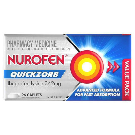 Nurofen Quickzorb Pain Relief Caplets 96 Pack - Fast-Acting Ibuprofen Lysine 342mg - Auzzi Store