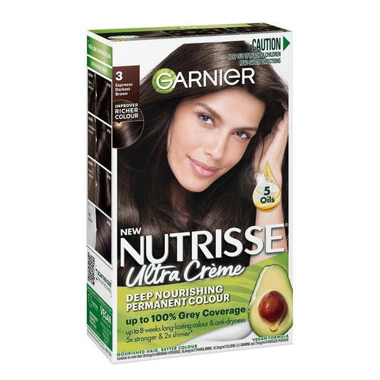 Garnier Nutrisse Permanent Hair Colour - 3 Espresso Darkest Brown (Enriched with 4 Natural Oils)-Auzzi Store