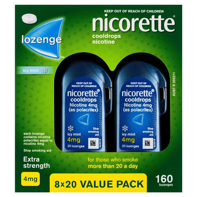 Nicorette Quit Smoking Extra Strength Cooldrops Nicotine Lozenge Icy Mint - 8 x 20 Pack