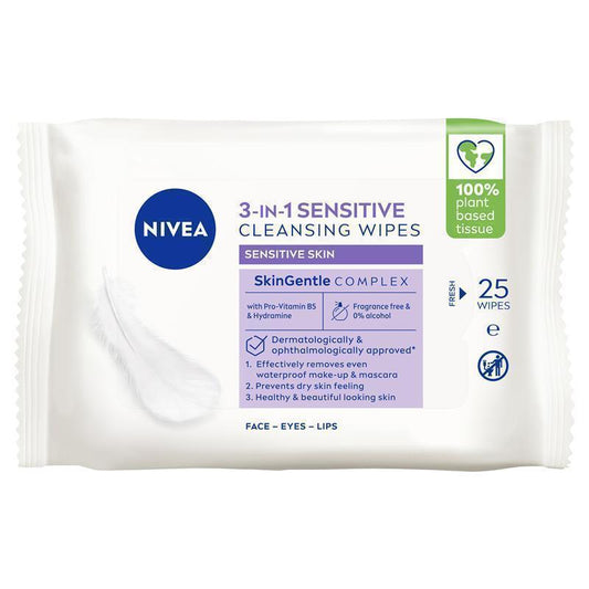 NIVEA 3in1 Sensitive Cleansing Wipes 25 Pack - Gentle Makeup Removal