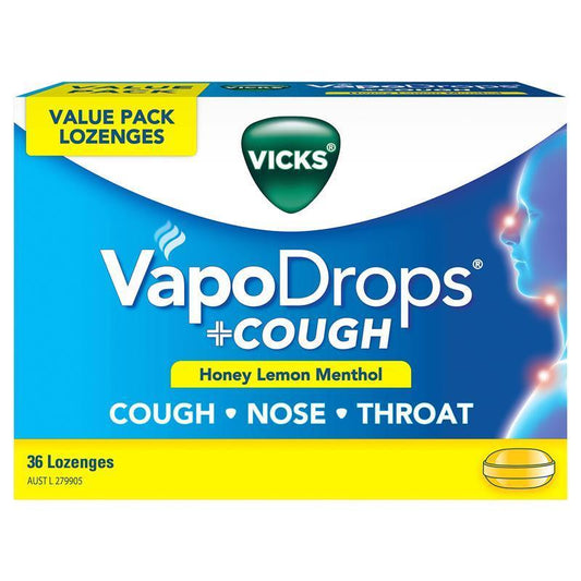 Vicks VapoDrops + Cough Honey Lemon Menthol 36 Lozenges - Soothe Your Throat and Relieve Cough-Auzzi Store