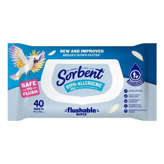 Sorbent Flushable Wipes Hypo Allergenic 40 Pack - Gentle Clean for Sensitive Skin