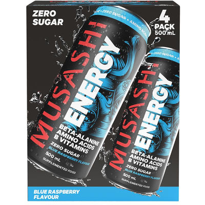 Musashi Blue Raspberry Energy Drinks 500ml x 4 Pack - Refreshing Energy Boost