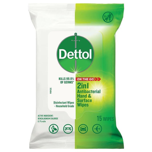 Dettol 2 in 1 Antibacterial Hands and Surface Wipes - 15 Pack - Auzzi Store