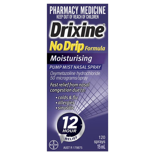 Drixine 12 Hour Relief No Drip Moisturising Nasal Spray 15mL - Fast Relief for Nasal Congestion-Auzzi Store
