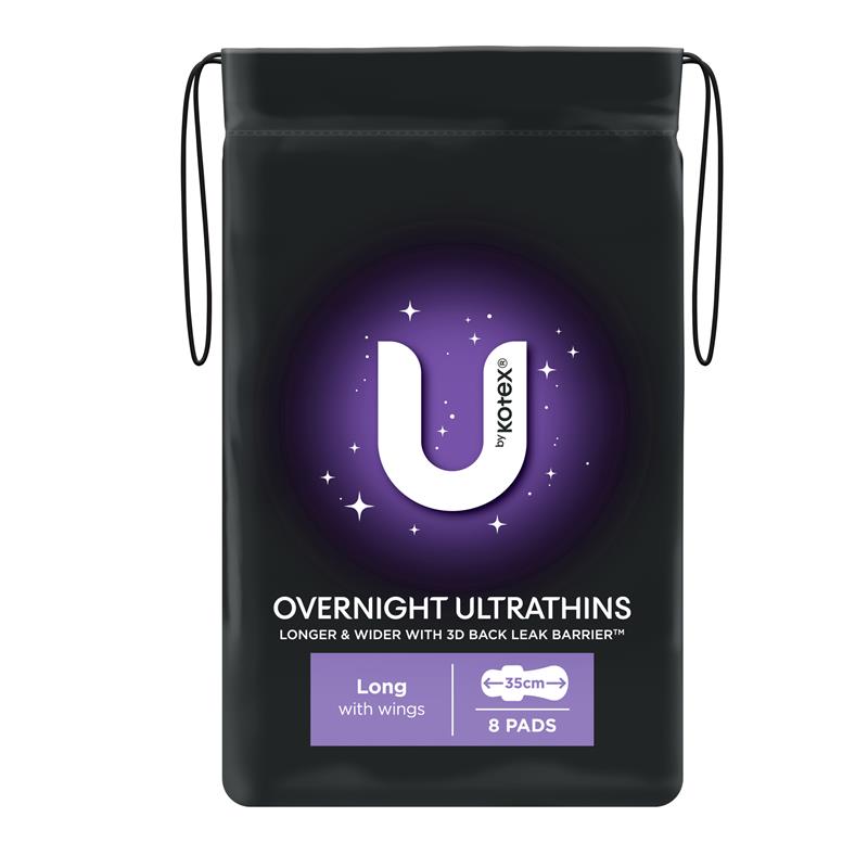 U by Kotex Overnight Ultrathin Pads, 35cm Long, 8-Pads with Secure Wings