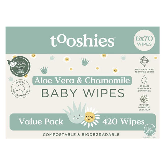 Tooshies Baby Wipes Aloe Vera and Chamomile 6 x 70 Pack - Gentle Care for Your Baby - Auzzi Store