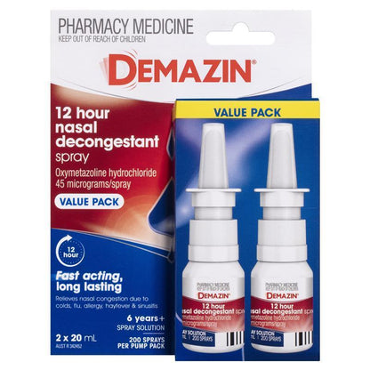 Demazin 12 Hour Relief Decongestant Nasal Spray 2 x 20ml - Long-Lasting Relief