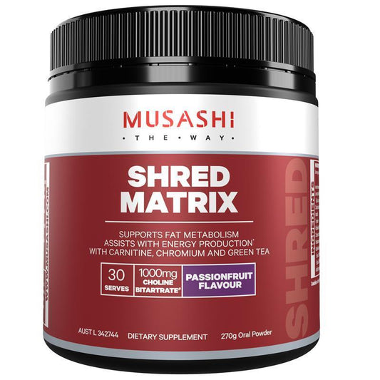 Musashi Shred Matrix Powder Passionfruit 270g - Natural Energy & Fat Metabolism Booster