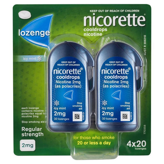 Nicorette Quit Smoking Regular Strength Cooldrops Nicotine Lozenge Icy Mint 4 x 20 Pack - Comprehensive Craving Relief-Auzzi Store