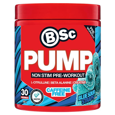 BSc Pump Non Stim Pre-Workout Blue Sour Straps 300g - Caffeine-Free Muscle Pump Formula