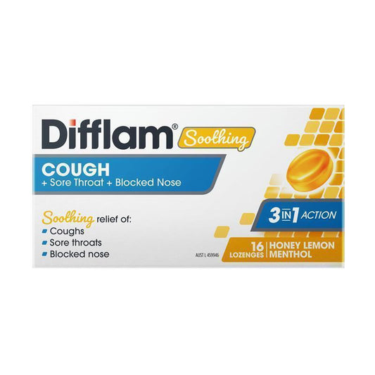 Difflam Soothing Cough + Sore Throat + Blocked Nose Honey Lemon 16 Lozenges - 3-in-1 Relief
