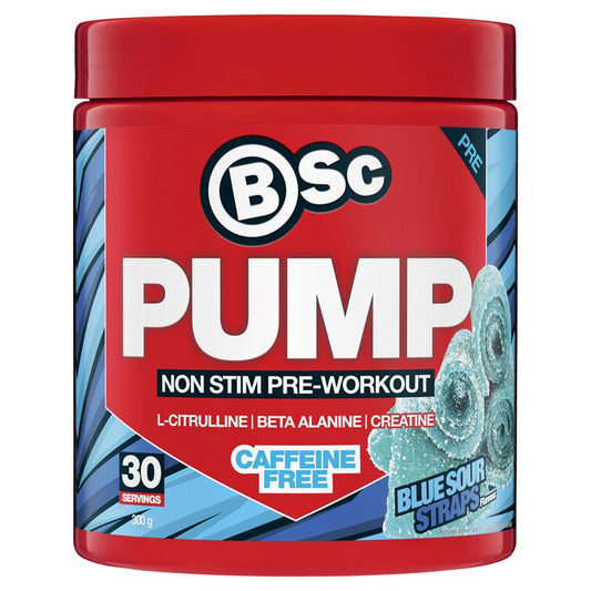 BSc Pump Non Stim Pre-Workout Blue Sour Straps 300g - Caffeine-Free Muscle Pump Formula