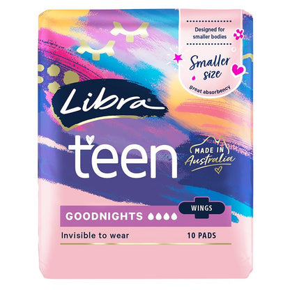 Libra Teen Goodnight Pads with Wings, 10-Pads, 4-Layer Absorbency