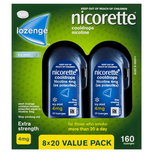 Nicorette Quit Smoking Extra Strength Cooldrops Nicotine Lozenge Icy Mint - 8 x 20 Pack - Auzzi Store