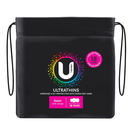 U by Kotex Ultrathin Super Wing Pads with Rapid-Dry Core, 18-Pad
