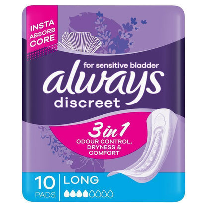 Always Discreet Level 4 Long Incontinence Pads with RapidDry - 10 Pack