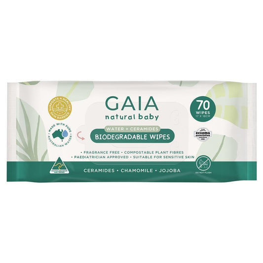 GAIA Biodegradable Water Wipes - 70 Pack for Sensitive Skin