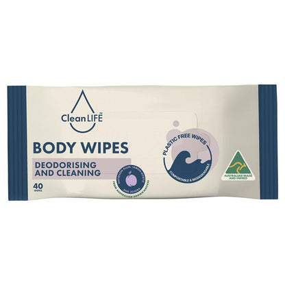 CleanLIFE Deodorizing Body Wipes, 40 Pack - Biodegradable & Plastic-Free