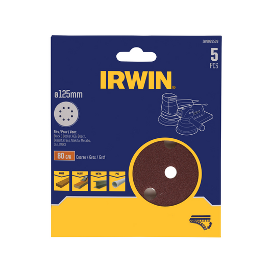 Irwin Quick Fit Random Orbital Sanding Discs 125mm 80 Grit 5 Pack - Medium Stock Removal - Auzzistore