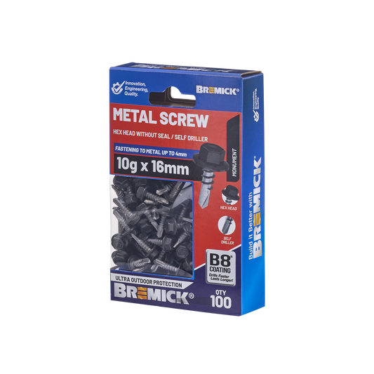 Bremick MO Metal Hex Screw - 10g x 16mm - B8 Coating - 100 Pack - Corrosion Resistant - Auzzistore