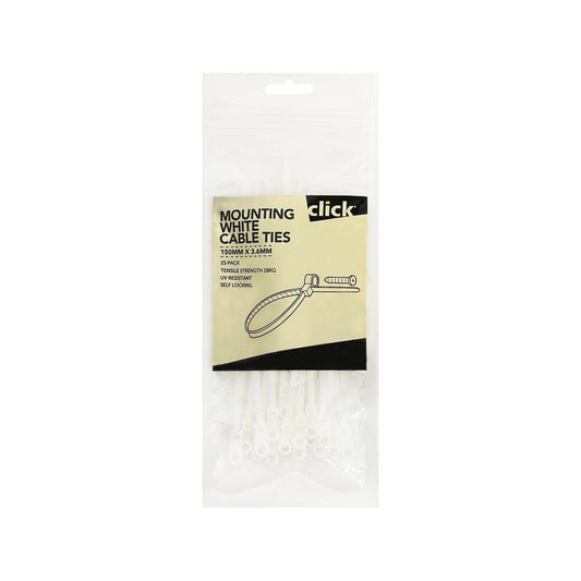 Click Mounting Cable Tie - 150mm - Nylon - UV Resistant - 25 Pack