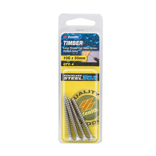 Zenith Timber Screws - 10g x 50mm - Stainless Steel - Countersunk Head - 4 Pack - Auzzistore