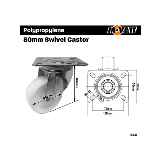 Move It 80mm Polypropylene Swivel Plate Castor 120kg Durable White – view 2 - Auzzistore