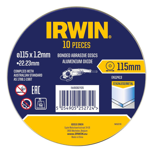 Irwin Metal Cut Off Disc 115mm 10pk - Aluminium Oxide - 2mm Thickness - Auzzistore