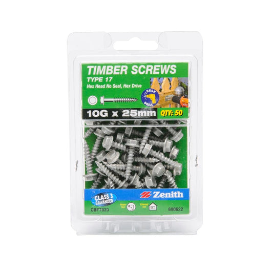 Zenith Galvanised Type 17 Hex Head Timber Screws 10g x 25mm - 50 Pack - Auzzistore