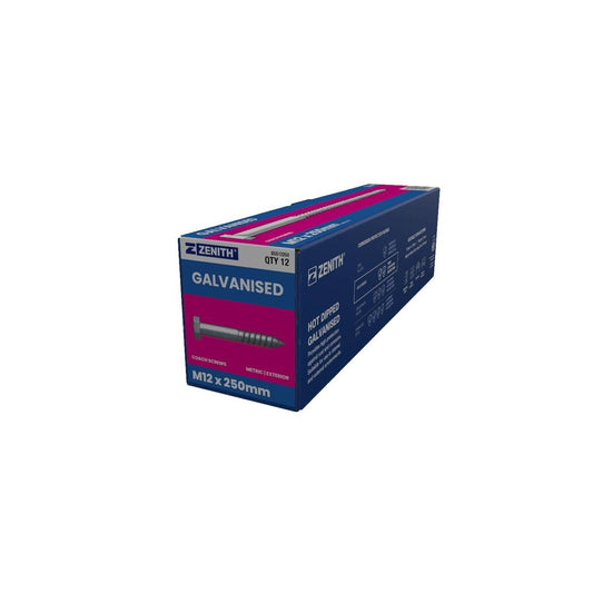 Zenith M12 Hex Head Coach Screws - 250mm - 12 Pack - Hot Dip Galvanised - Heavy-Duty - Auzzistore
