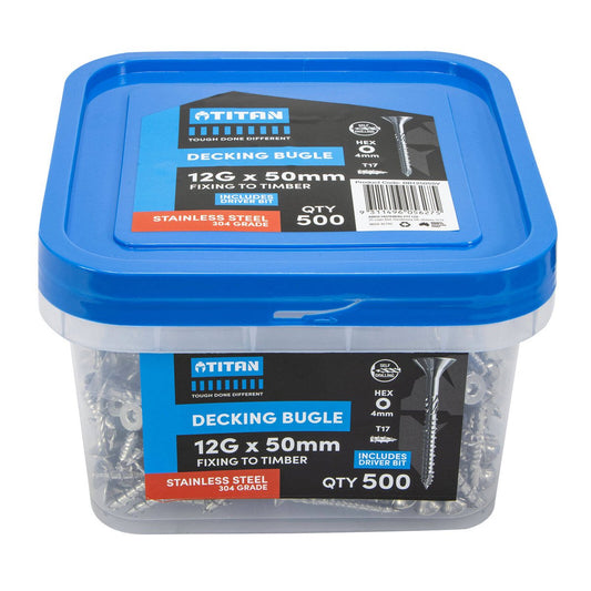 Titan 12g x 50mm Decking Screws - 304 Stainless Steel - Pack of 500 - Durable - Auzzistore