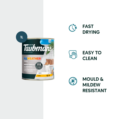 Taubmans 1L White Gloss All Weather Exterior Paint - Mould Resistant - Fast Drying