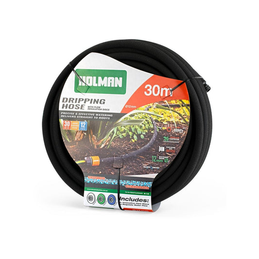 Holman Weeper Hose - 30m - Black - UV Resistant - 3 Flow Discs - Auzzistore