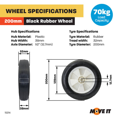 Move It 200mm Black Rubber Tyre with White Plastic Centre - 30kg Load Capacity