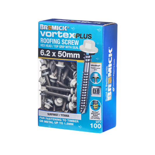 Bremick Vortex Plus Roofing Screw 6.2 x 50mm - Box of 100 - Hex Drive - Watertight Seal - Auzzistore