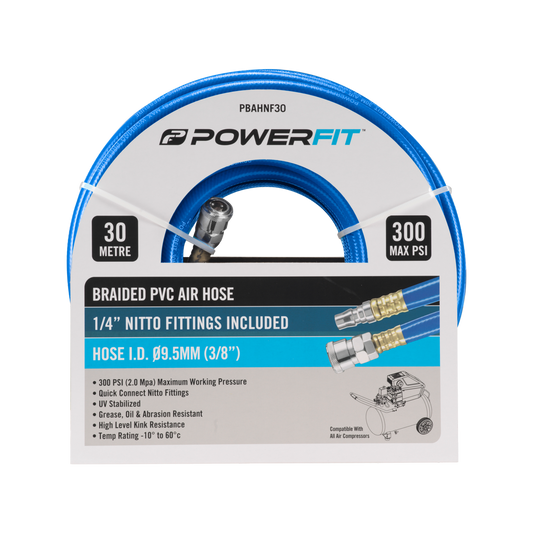 Powerfit 30m Braided Air Hose - Nitto Fittings - 300 PSI - Durable PVC - Auzzistore