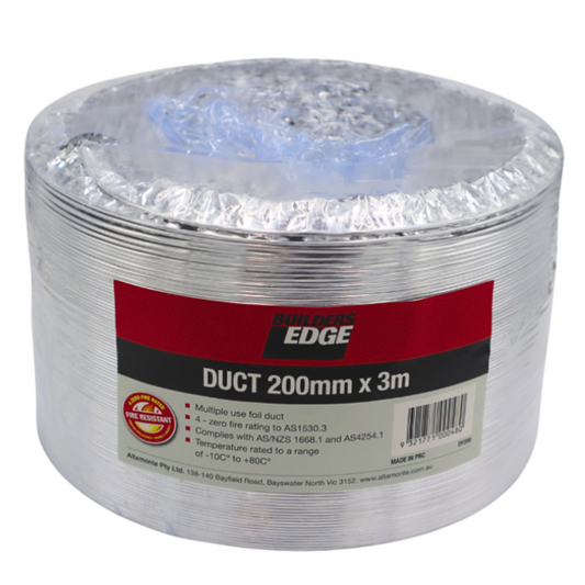 Builders Edge Aluminium Foil Duct - 200mm x 3m - Fire Rated - Auzzistore