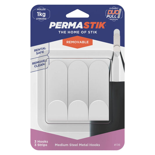 Permastik Medium Steel Metal Hooks 3 Pack - 18mm x 70mm - Stainless Steel