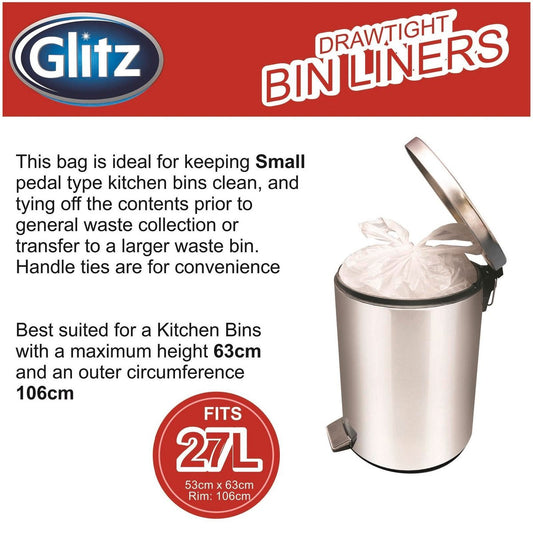 Glitz drawstring bin liner packaging with a small pedal bin on a white background