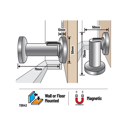 Adoored Satin Chrome Magnetic Door Stop 50mm Metal Shock Absorbing – view 2 - Auzzistore