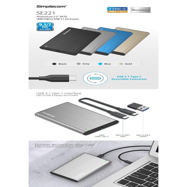 Simplecom SE221 Aluminium 2.5'' SATA HDD/SSD to USB 3.1 Enclosure Blue