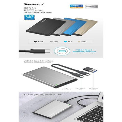 Simplecom SE221 Aluminium 2.5'' SATA HDD/SSD to USB 3.1 Enclosure Blue