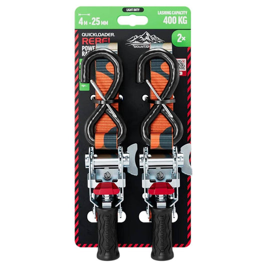 Quickloader Rebel Ratchet Strap 25mm x 4m - 400kg Lashing Capacity - 2 Pack - Orange - Auzzistore