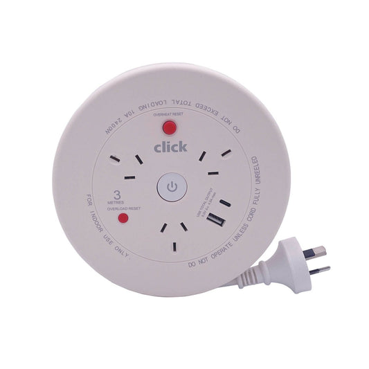 Click 3 Metre Cable Reel with USB Charger - 3 Power Outlets - Portable Power - Auzzistore