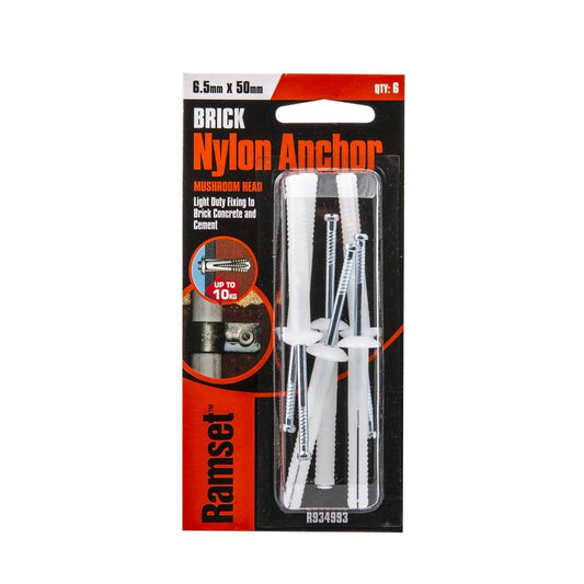 Ramset Nylon Anchor 6 5 x 50mm Mushroom Head Light Duty 6 Pack - Auzzistore