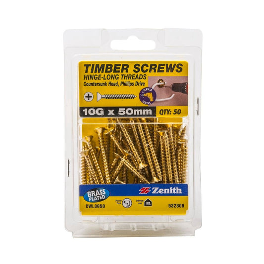 Zenith Hinge Long Thread Screw - 10g x 50mm - Brass Plated - 50 Pack - Auzzistore