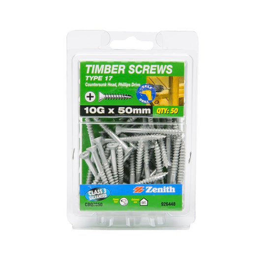 Zenith Timber Screws 10g x 50mm Galvanised Steel Countersunk 50 Pack - Auzzistore