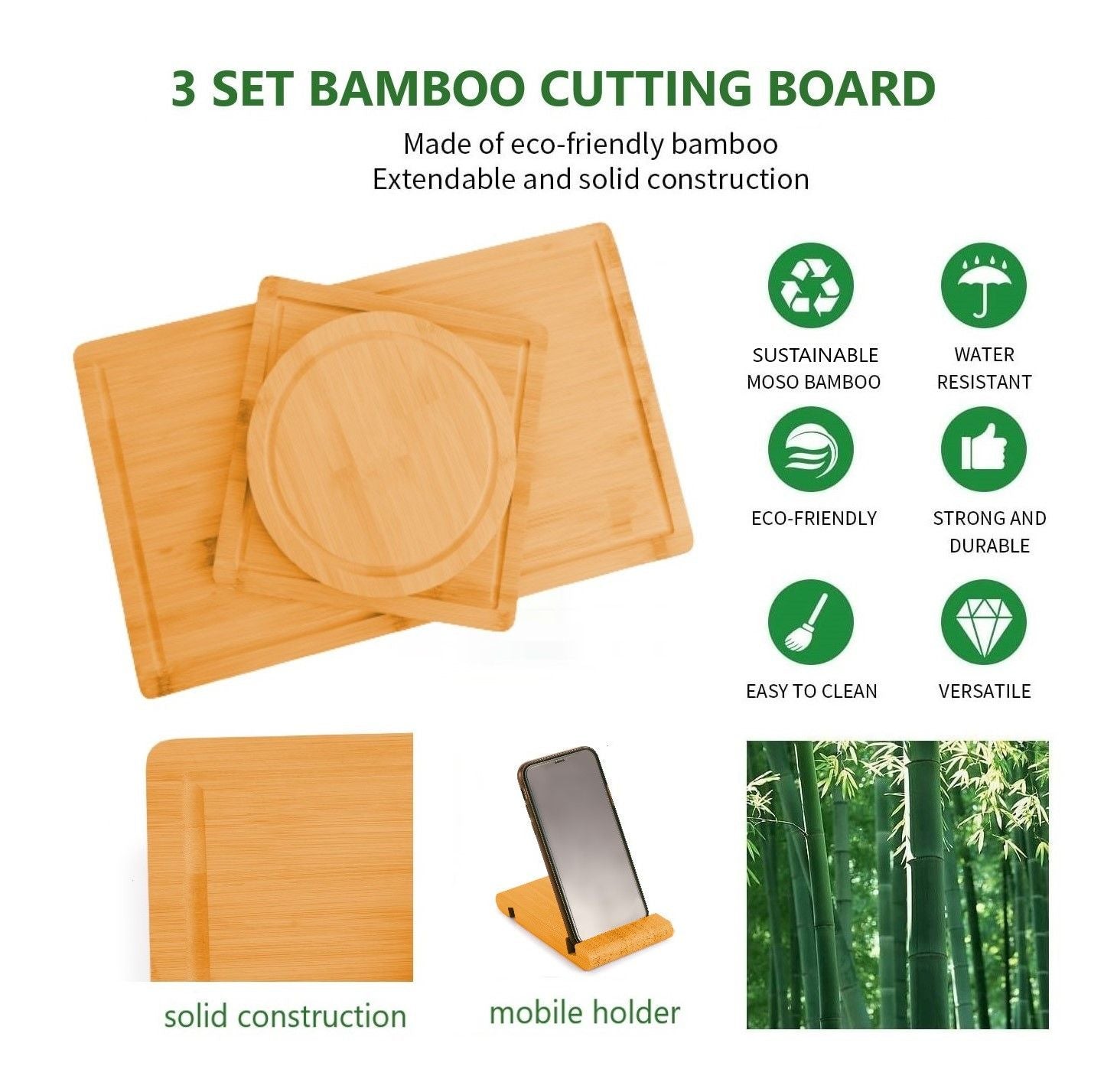 3 Pieces Bamboo Cutting Board with Juice Groove and Mobile Holder included for Home Kitchen | Auzzi Store