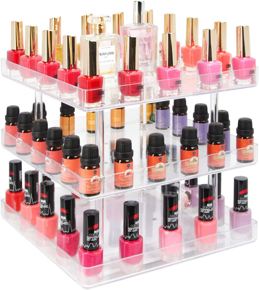 3 Tier 360 Rotating Display Rack Organizer Stand for Clear Nail Polish and Makeup Cosmetics with Acrylic Guard | Auzzi Store